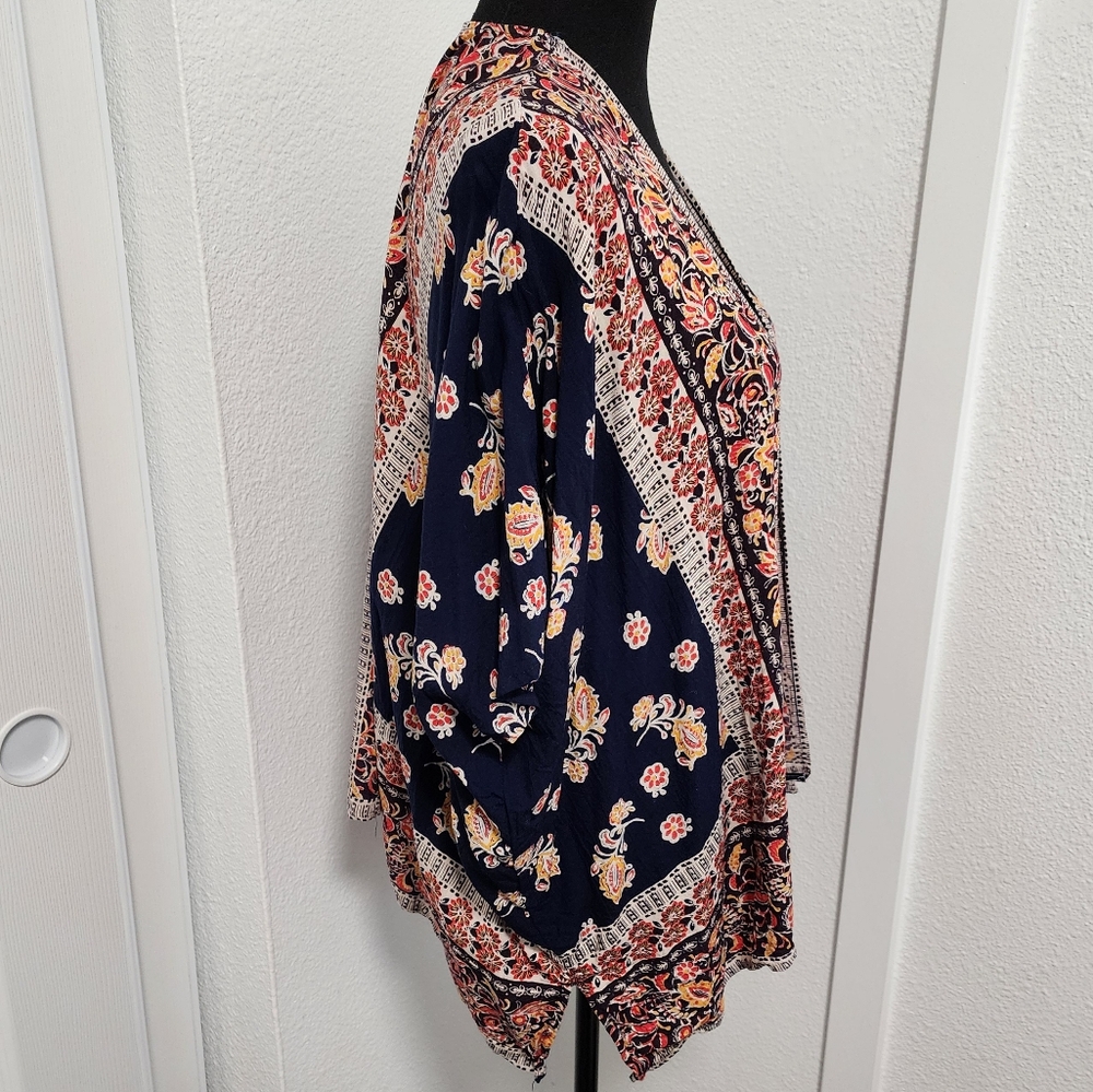 Angie Navy Blue & Orange Paisley Floral Kimono Sleeve Cardigan - Picture 2 of 7